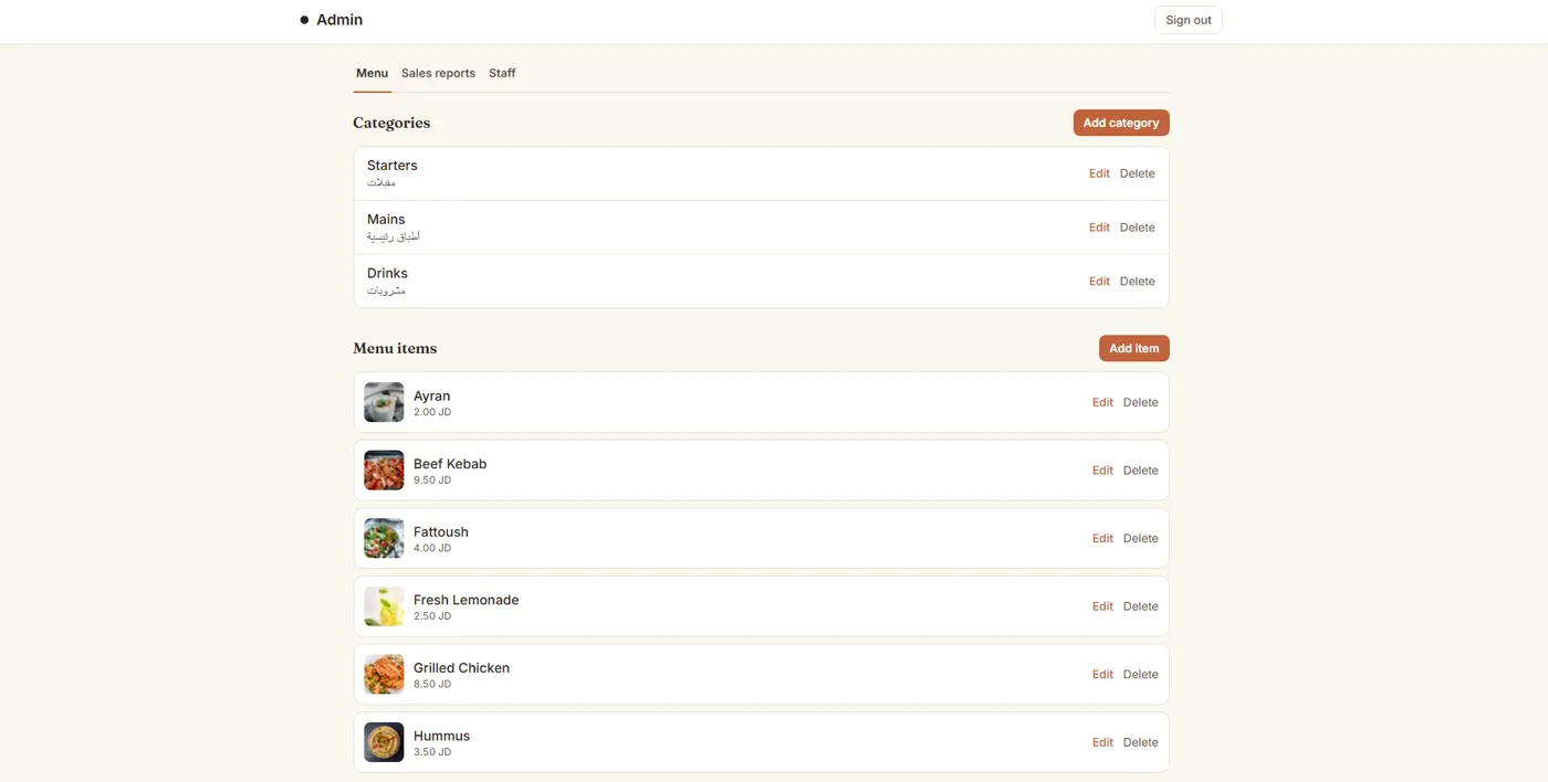 Restaurant admin menu management