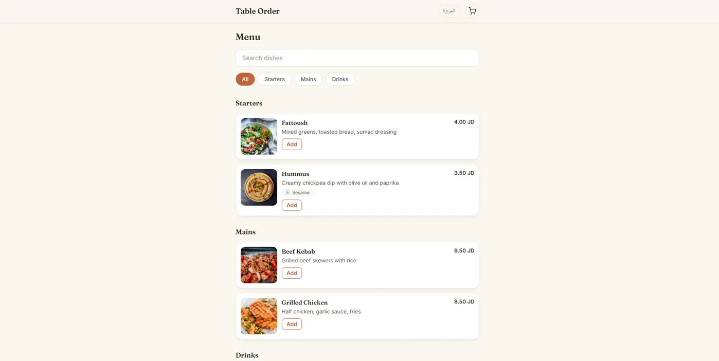 Restaurant customer menu in English